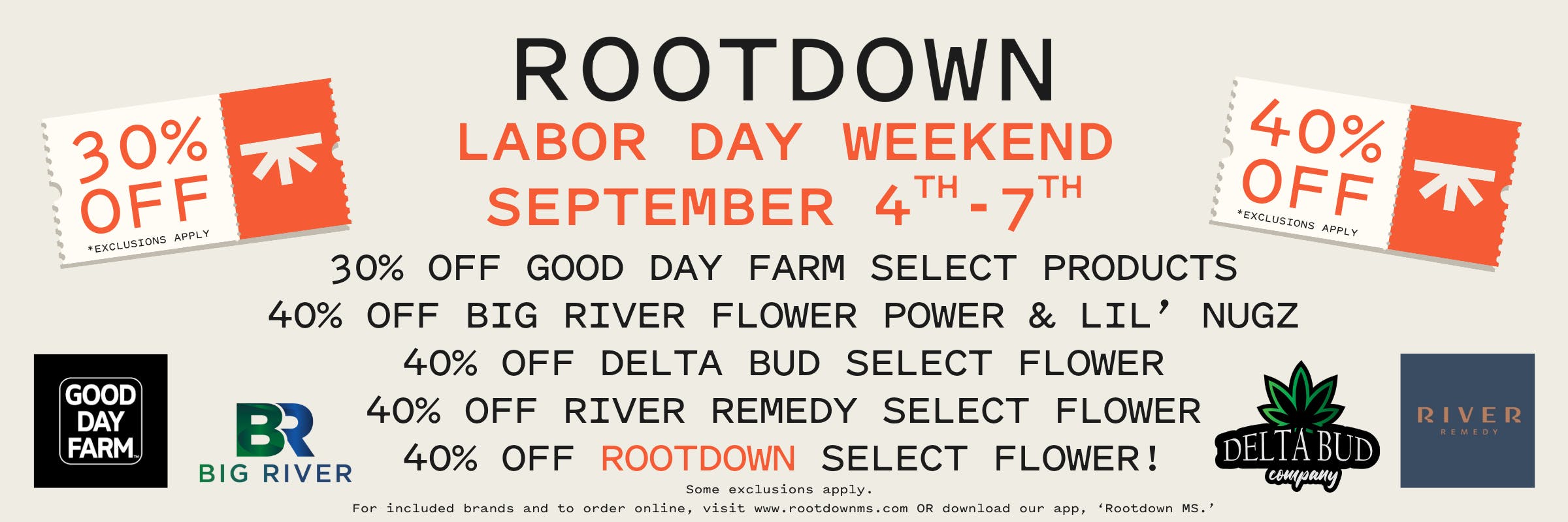 30% OFF, 40% OFF, ROOTDOWN, DELTA BUD, RIVER REMEDY, GOOD DAY FARM, pre-packs, pre-rolls, discount, sale, promo, online, online orders, orders, pickup