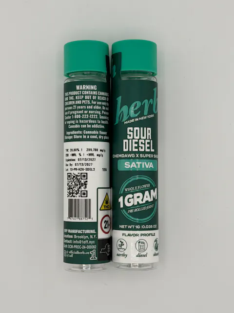 Herb - Sour Diesel - Preroll 1g - Sativa by herb, available at Purple Buds Dispensary in Jackson Heights, Queens