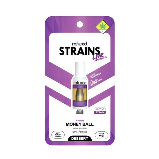 STRAINS Live Diamonds Tank - Money Ball -- TYPE: Hybrid GENETICS: Gary Payton x Gary Poppins TASTING NOTES: Sweet, Floral, Creamy CLASSIFICATION: Exotic Strain / Dessert Profile -- Money Ball is a grand slam of a strain, offering a powerful hit of euphoria and relaxation. With its floral scent and sweet, creamy flavor, passing on Money Ball would really be the Pitts. -- + High Potency &amp; Melted THCa with Live Cannabis Terpenes + Custom Tank with Large Ceramic Heating and Optimized Airflow + Universal 510 Threaded Hardware + Zero Artificial Additives and Flavoring + Independently Tested to Ensure No Harmful Pesticides -- Follow our journey @mfusedproducts and @mfusedculture!