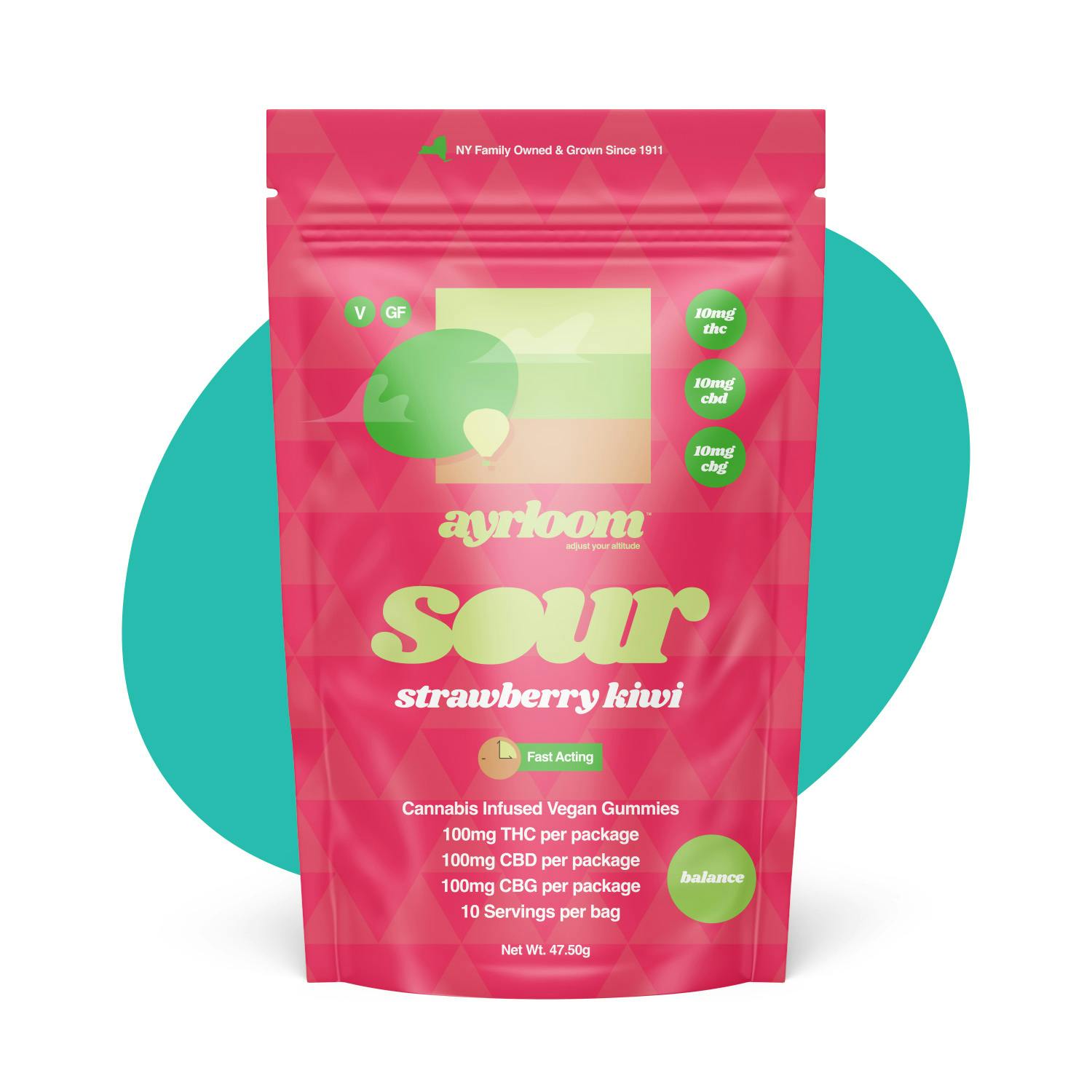 Ayrloom Sour Strawbery Kiwi 1:1:1 | 10MG THC : 10MG CBD : 10MG CBG 10 Pack-1