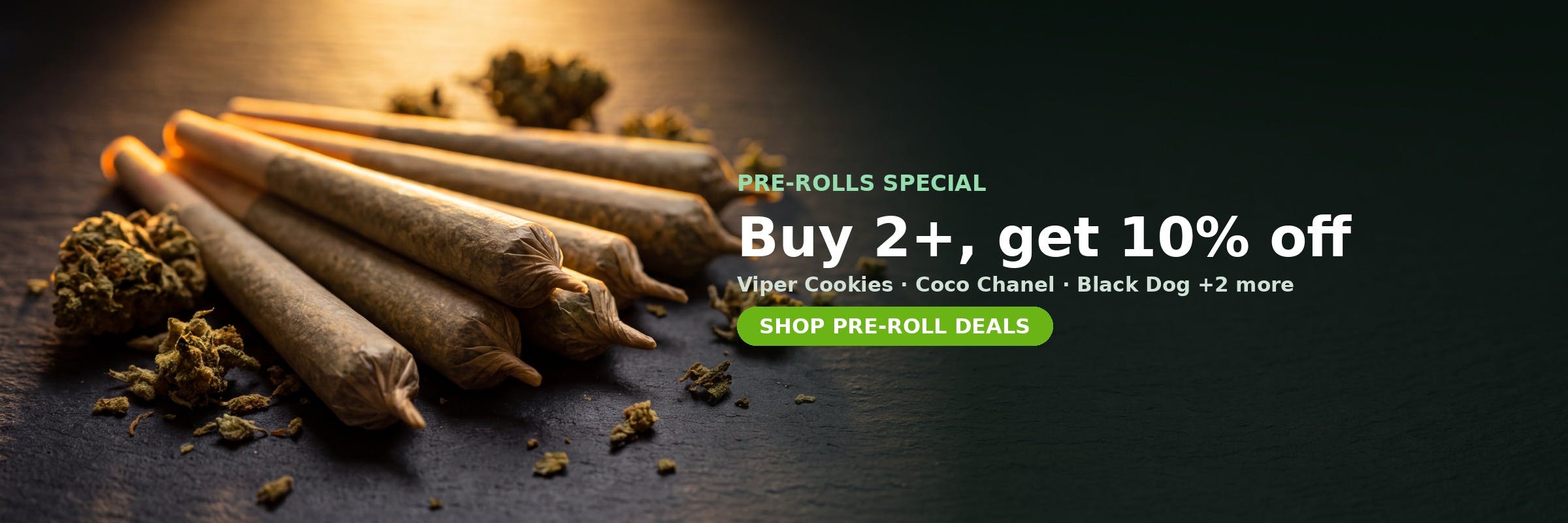 Pre-Rolls special at MrGreen DC — buy 2+, 10% off on Viper Cookies, Coco Chanel, Black Dog and 2 more