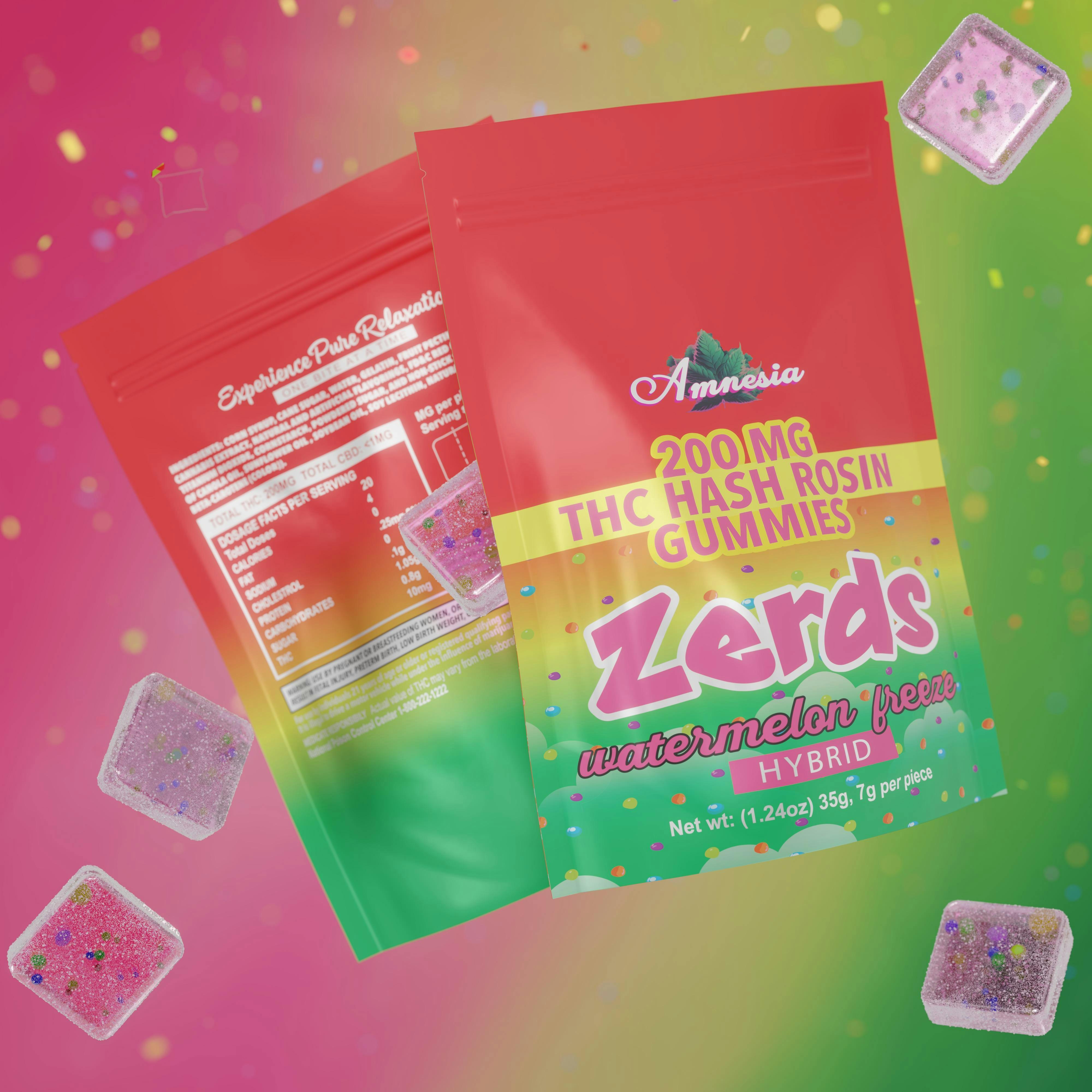 Amnesia - 200mg Zerds Hash Rosin Gummies - Watermelon Freeze