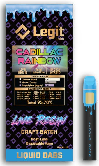 Product: Cadillac Rainbow | Post-Less Disposable | Live Resin | Legit Labs