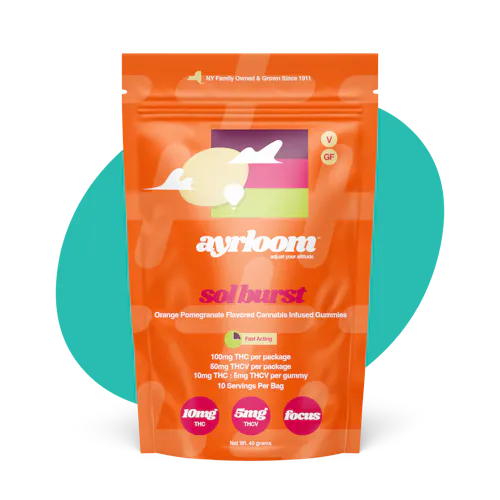 Ayrloom | Sol Burst | Orange Pomegranate | 2:1 THC / THCV Gummies | 10pk-active