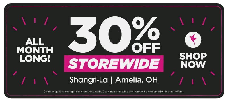 Shangri-La Amelia, Ohio cannabis dispensary promotion offering 30% off storewide all month long, with a Shop Now call to action.