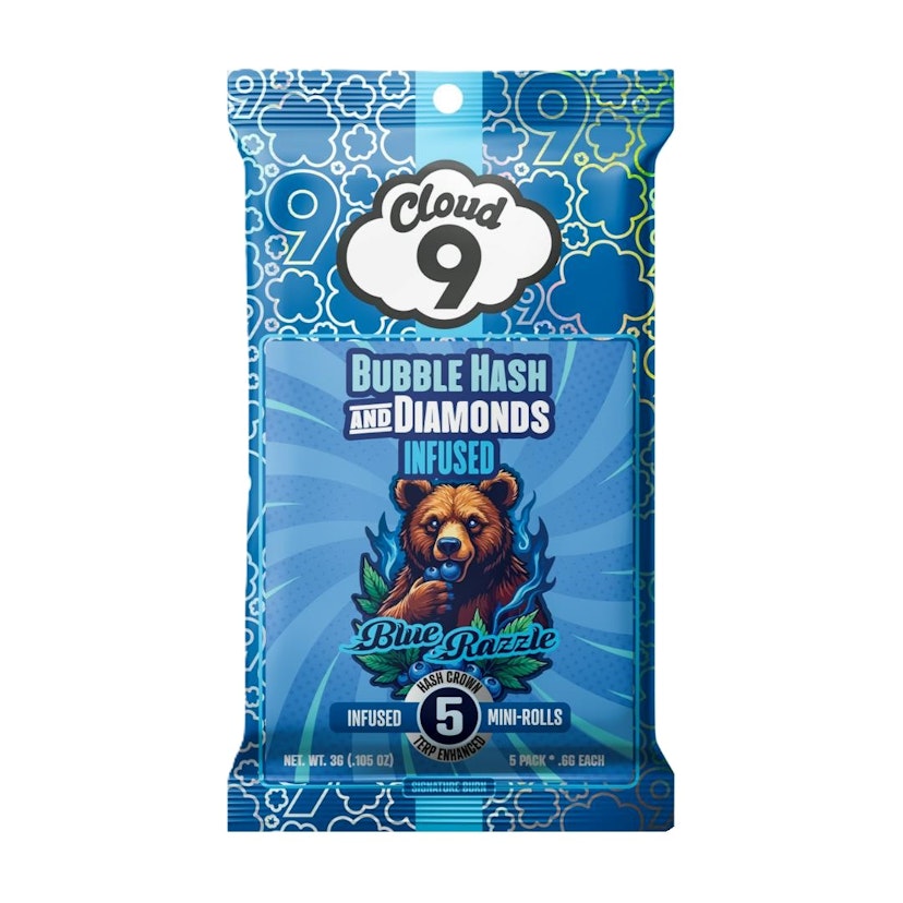 Cloud 9 5 x .7g Infused Bubble Hash & Diamond Prerolls Blue Razzle