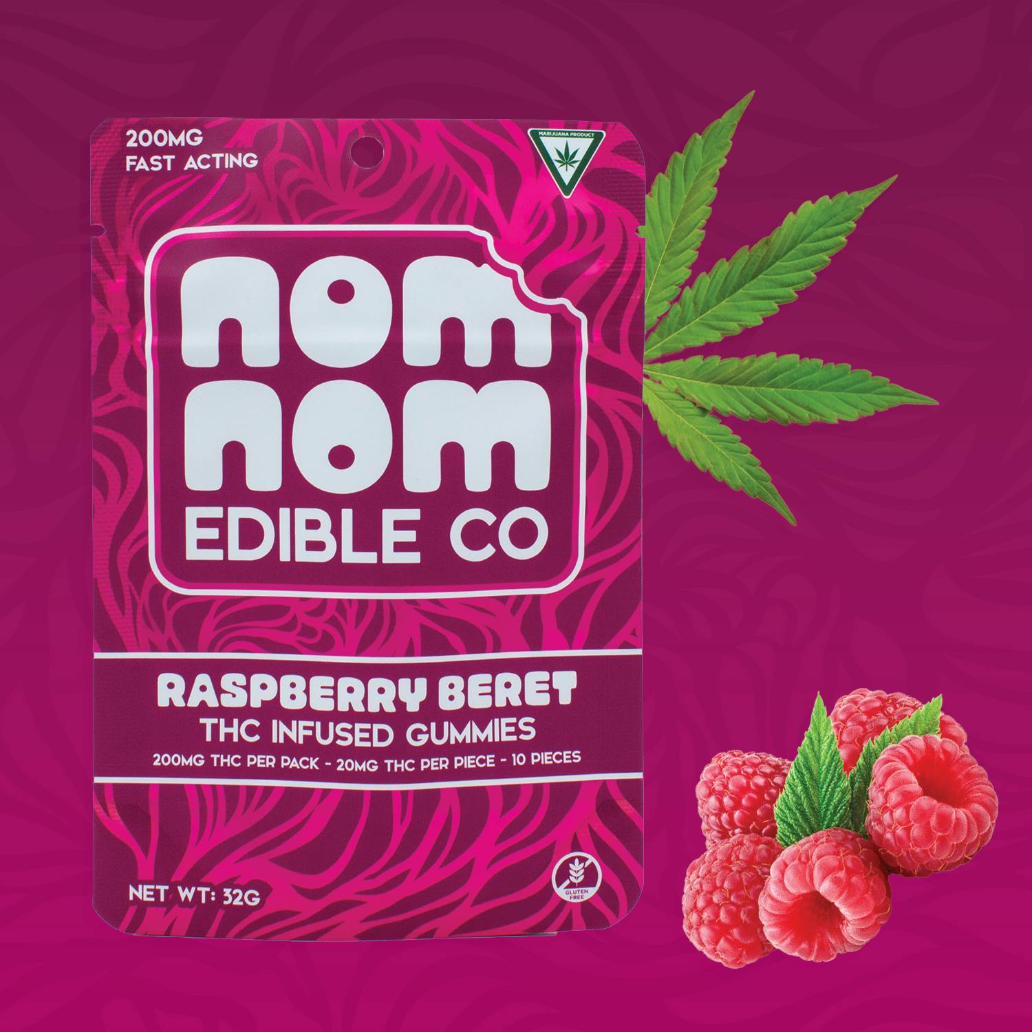 Product: NomNom Edible Co | Gummies - 200mg - Raspberry Beret