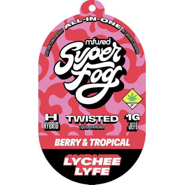TYPE: Hybrid TASTING NOTES: Berry & Tropical -- Breathe in the exotic sweetness of Lychee Lyfe. This Asian-inspired fruit vape is a tropical delight. The taste is like biting into a freshly peeled lychee for the first time. Get one today and embrace the Lychee Lyfe-style! -- TWISTED is a flavorful, high-strength concentrate that uses melted THCa diamonds for potency and all-natural terpenes for unique flavor profiles that are exciting and familiar. -- Powered by the Mfused Jefé: + High potency effects from melted THCa diamonds + Mouth-watering flavors from all-natural terpenes + New ergonomic shape is comfortable, discreet and convenient + Custom-designed atomizer is tuned for the most authentic expression of our extracts + Designed, tested and developed in the U.S. with our aerosol testing laboratory + Spark Button allows for a fully customized cannabis experience + Button controls device ON/OFF, cold-start and variable temperature settings + Fast charging via USB-C with multi-day battery endurance + Zero harmful additives + Independently tested to ensure product safety