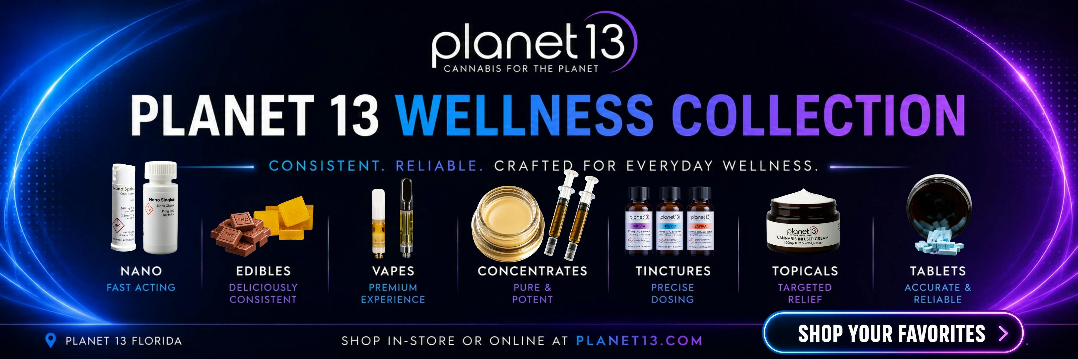 Planet 13 Wellness Collection banner featuring fast acting nano, delicious edibles, premium vapes, pure concentrates, precise tinctures, targeted topicals, and reliable tablets.