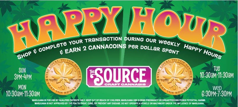 Enjoy double CannaCoins at The Source dispensary in Rogers every Sunday 3-4pm; Monday & Tuesday 10:30-11:30 am; and Wednesdays at 6:30 to 7:30 pm