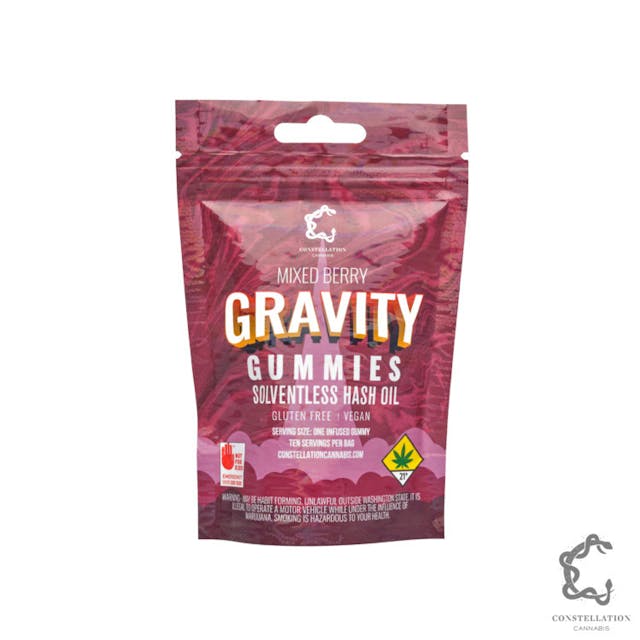 Take your cannabis experience to a whole new level with Constellation Cannabis' Gravity Gummies! Enjoy the delicious taste of all-natural fruit puree pectin, with the added benefit of our solventless hash rosin for a powerful, balanced high. Gluten-free and vegan, these gummies are perfect for an enjoyable, guilt-free indulgence. -- Hash Oil // Vegan // GF // Full Spectrum -- Each individual full-spectrum gummy contains a 10mg dose.