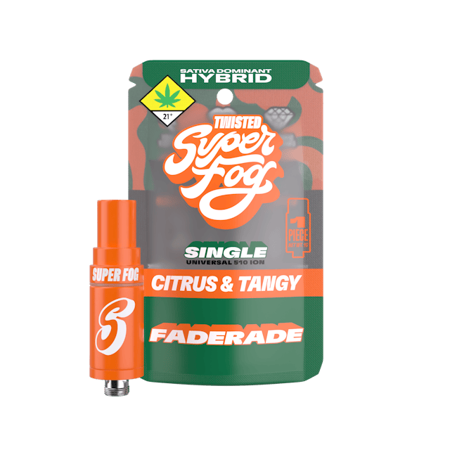 TYPE: Sativa Dom. Hybrid
TASTING NOTES: Citrus & Fruity

Quench your thirst and take it to the next level with Faderade! This sweet and tangy take on a tasty orange sports drink will have you primed to take your adventures to the next level.

Powered by Mfused Hardware Technology:
1g cartridge with standard 510 threading (14mm diameter) 
Proprietary mouthpiece designed for optimized airflow and longer sessions 
Ceramic coil construction optimized for clean, consistent flavor and vapor production 
Compatible with all Super Fog devices
Constructed from premium, cannabis-compliant materials including ceramic, glass, and stainless steel