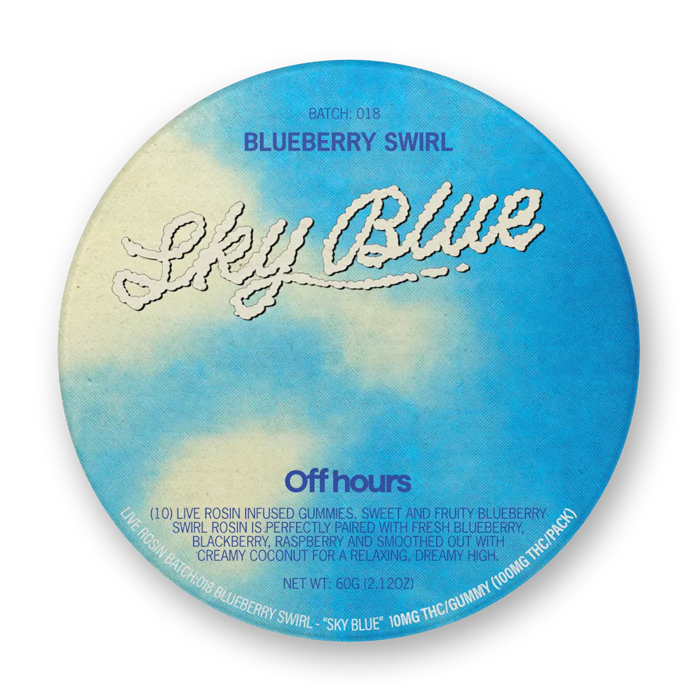 Product Off Hours - Blueberry Swirl - Sky Blue Batch 018 - 100mg - Live Rosin Gummies
