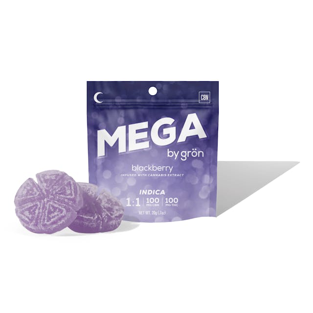 Made with real blackberries and natural fruit flavors, these 1:1 Blackberry Mega Discs are formulated to turn any night into a dream with equal parts CBN and THC. Five times larger than our standard Pearls, this fan-favorite flavor is perfect for anyone looking for a moonlit MEGA experience.

Made With Real Fruit  •  Soy-Free  •  Gluten-Free



1/10 MEGA PEARL PER SERVING | 10 SERVINGS PER PACKAGE