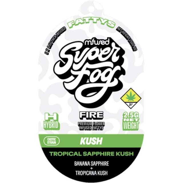 TYPE: Hybrid GENETICS: Banana Sapphire x Tropical Kush CLASSIFICATION: Exotic Strain / Kush Profile -- Vaping Tropical Sapphire Kush is a gem of an experience. It’s an exotic strain with a rich, fruity flavor and deeply sedative, stony effects. Unwind in style with Tropical Sapphire Kush. -- FIRE FATTY is a premium full-flower pre-roll coated in kief and infused with melted THCa diamonds and live resin terpenes. It offers a pure, authentic and complex flavor. This robust extract is powerful, delivering accelerated and intense effects due to its remarkably high THC concentration. -- Rolled and Crowned by Mfused: + Exclusively made with premium-grade flower grown by esteemed partner farms + Infused with melted THCa diamonds and live resin terpenes to enhance flavor and aroma + Kief-coated cone for added potency + Dutch crowned for an even, consistent burn from start to finish + Zero artificial additives or flavoring + 5-10 minute burn time expectancy