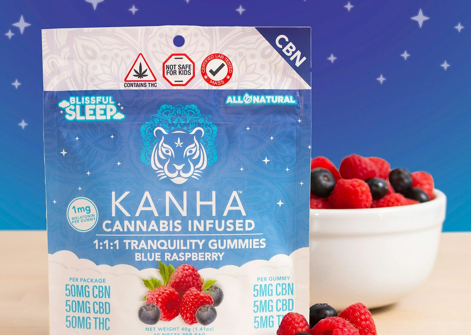 KANHA Gummies | TRANQUILITY Blue Raspberry 1:1:1 (THC:CBD:CBN) | 10pk -  Redi Cannabis Dispensary in MA