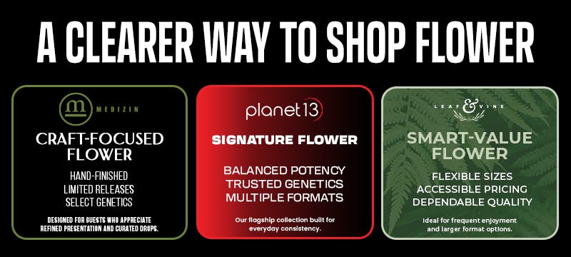 A CLEARER WAY TO SHOP FLOWER" with three brands: Medizin (Craft-Focused Flower), Planet 13 (Signature Flower), and Leaf & Vine (Smart-Value Flower).