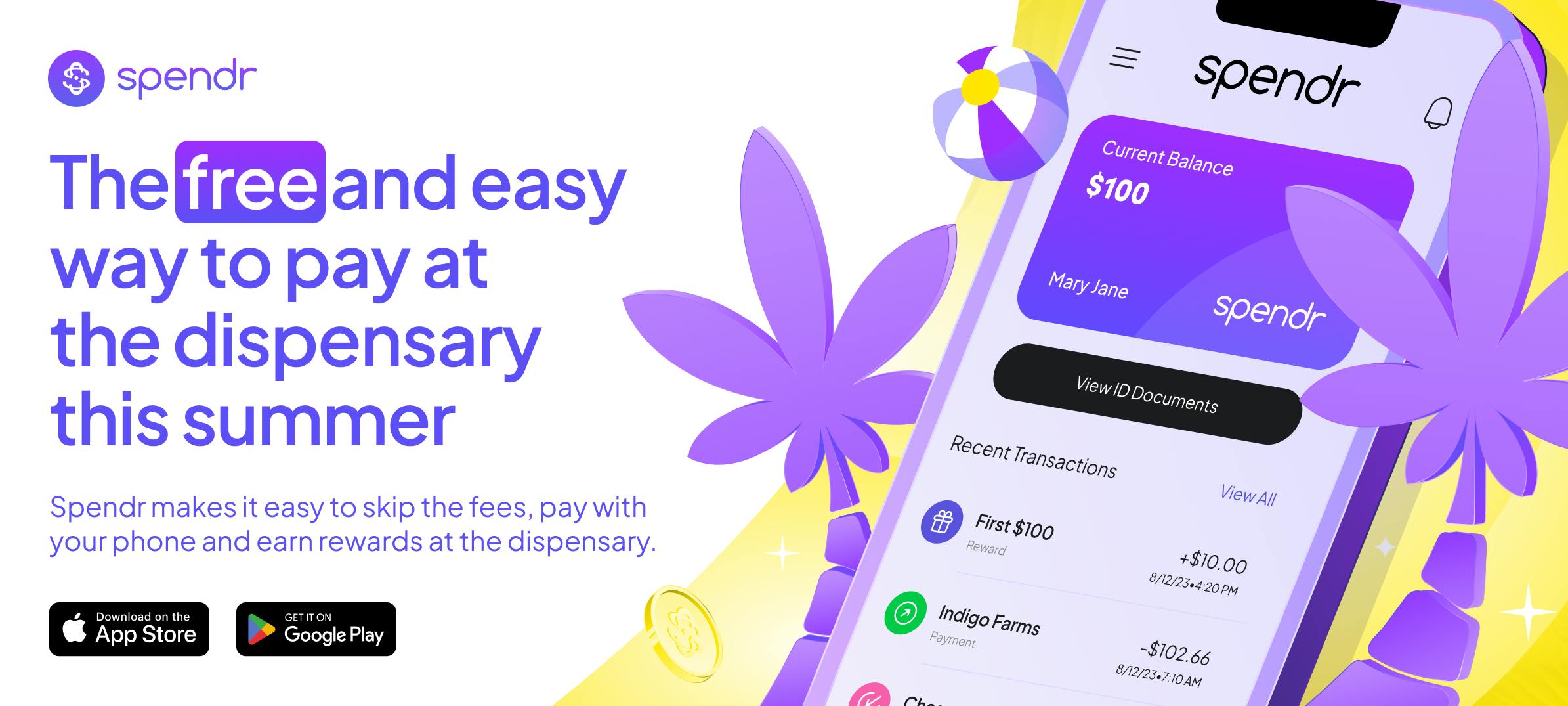 Spendr mobile payment app promotional banner highlighting a free dispensary payment solution with QR code, App Store and Google Play download links, rewards program, and fee-free cannabis purchases using a smartphone.