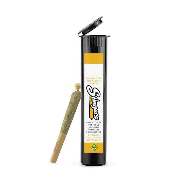 A pack of two (2) strain specific half gram infused pre rolls (1g total) by Stingers.