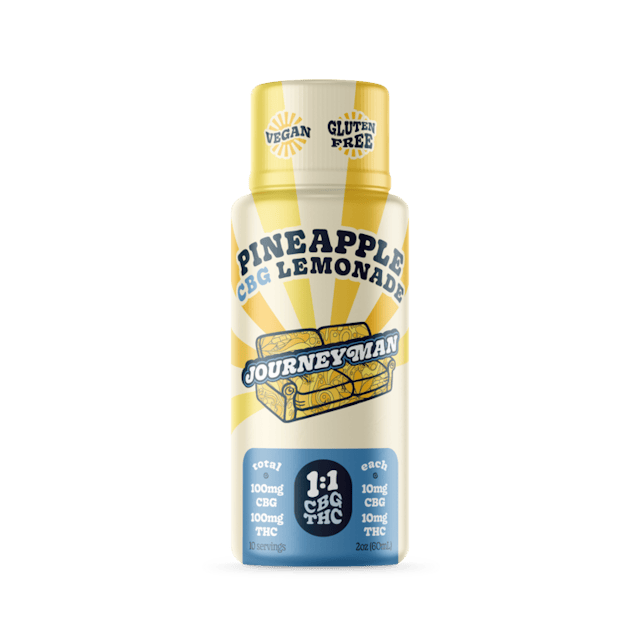 Tart, tangy, a sweet sip of paradise – our Pineapple Lemonade is packed with a 1:1 of CBG and will leave you feeling sunny, stoned and ready for anything. -- Vegan, Gluten Free and All-Natural · Made from scratch in-house with a recipe that complements the cannabis -- 100mg CBG/100mg THC · 2oz bottle 10 capfuls, 10mg CBG/10mg THC per capful