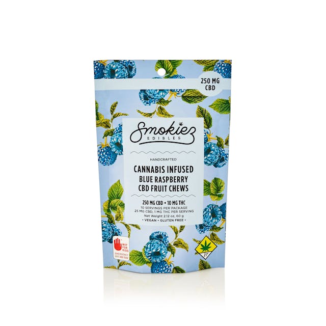 Smokiez Blue Raspberry CBD-Infused Fruit Chews are NOT YOUR AVERAGE FRUIT CHEWS™ ;) These fruit chews taste like fresh raspberries, with a juicy and slightly tangy taste that is reminiscent of ripe berries. They are also Vegan, Gluten Free, Dairy-Free, and contain NO High Fructose Corn Syrup. Each of our mouth watering fruit chews contain 25 mg of CBD. There are 10 pieces per package with 250mg of CBD per package.
