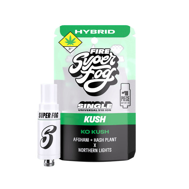TYPE: Hybrid
GENETICS: Afghani x Hashplant x Northern Lights
CLASSIFICATION: Legacy Strain / Kush Profile

KO Kush showcases traditional kush character, earthy, slightly musky, and undeniably full-bodied. The flavor rounds out into a mellow, lingering finish, bringing an effect that drops in clean and holds for the count. An excellent option for those looking to unwind without distractions.

Powered by Mfused Hardware Technology:
1g cartridge with standard 510 threading (14mm diameter) 
Proprietary mouthpiece designed for optimized airflow and longer sessions 
Ceramic coil construction optimized for clean, consistent flavor and vapor production 
Compatible with all Super Fog devices
Constructed from premium, cannabis-compliant materials including ceramic, glass, and stainless steel