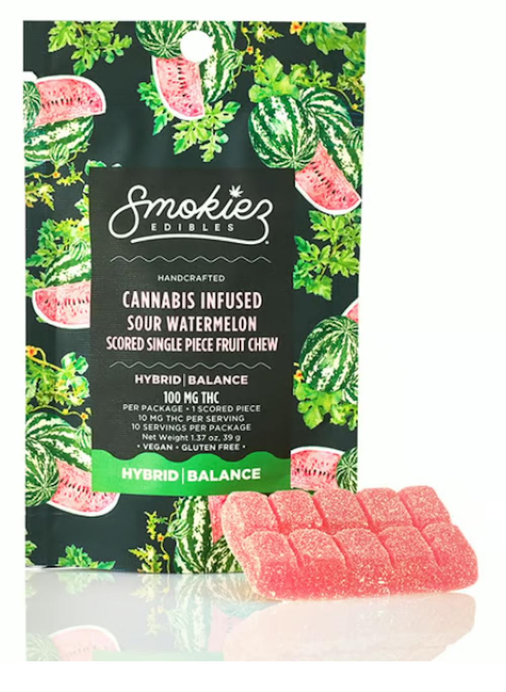 Product Edibles | Sour Watermelon (H) Scored Single Fruit Chew  | 100mg | Smokiez