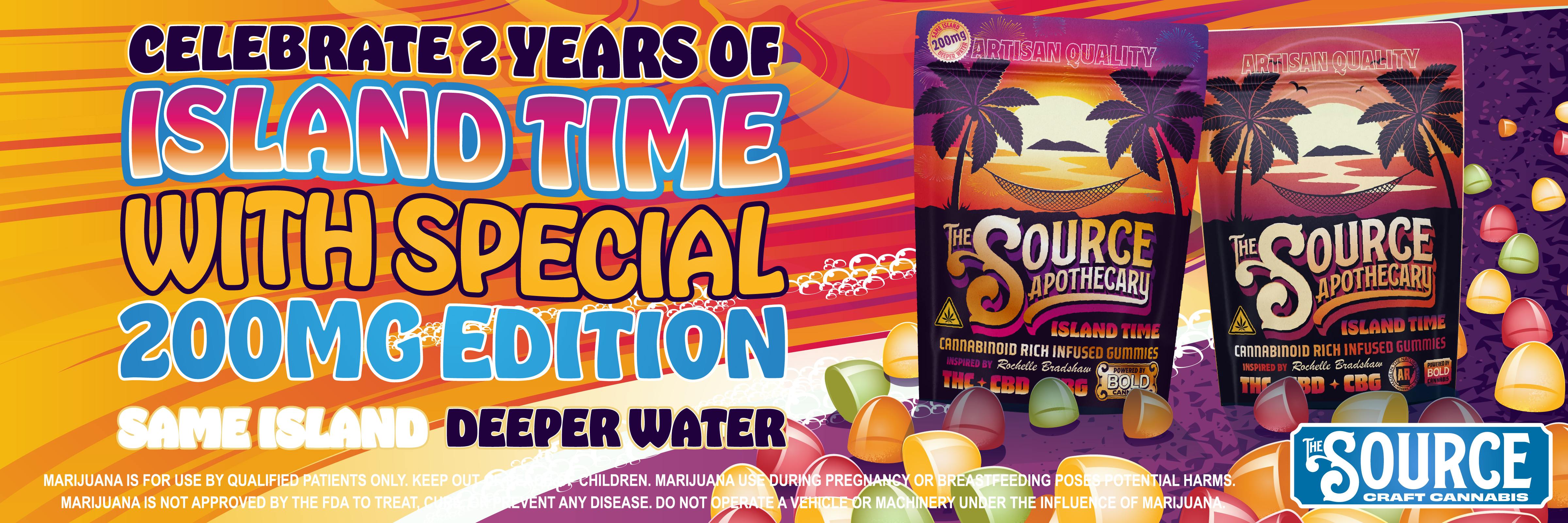 The Source Apothecary Island Time cannabinoid rich gummies celebrate 2 years with special 200mg edition, featuring tropical palm tree package design with THC, CBD, and CBG.