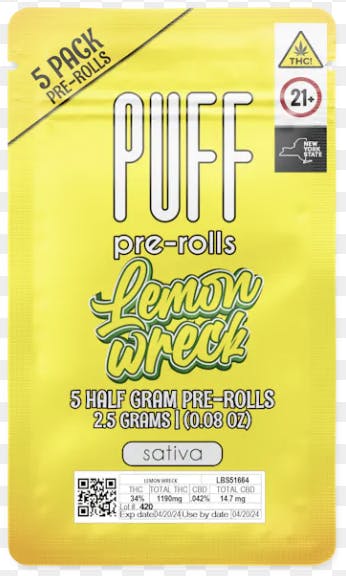 Lemon Wreck - sativa - 5 pack pre-rolls - 2.5 gram-1