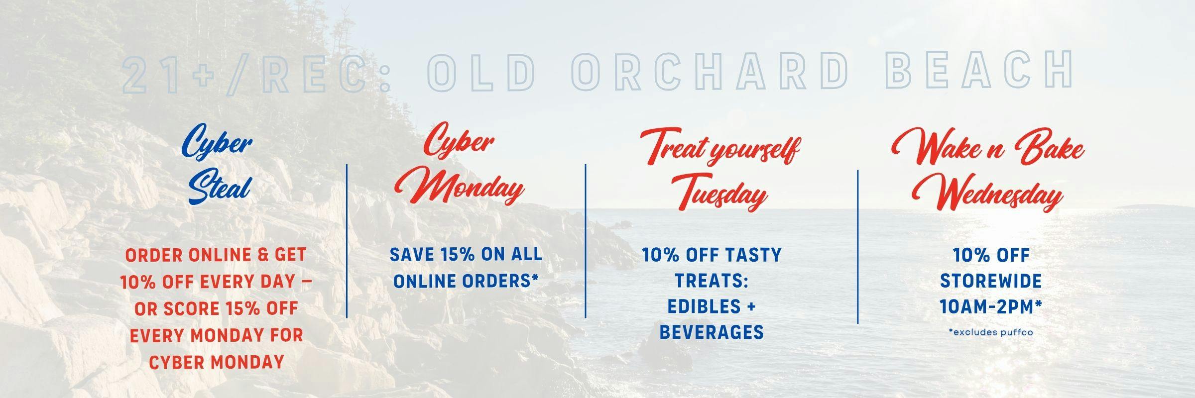 Graphic promoting Beach Boys Beach Club daily cannabis deals featuring Cyber Monday 10% off online orders with code BEACHCLUB, Treat Yourself Tuesday 10% off edibles and beverages, Wake n Bake Wednesday 10% off storewide 10am–2pm, and Thursday 20% off when you buy four or more prerolls.