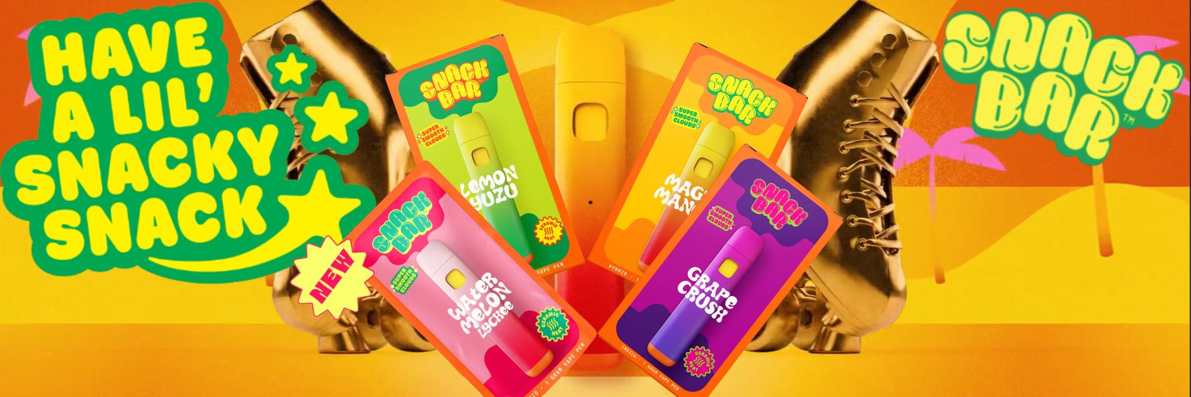 Snackbar advert banner. Golden roller skates flank a Magic Mango snackbar vape. "Have a lil' snacky snack. Snackbar!""