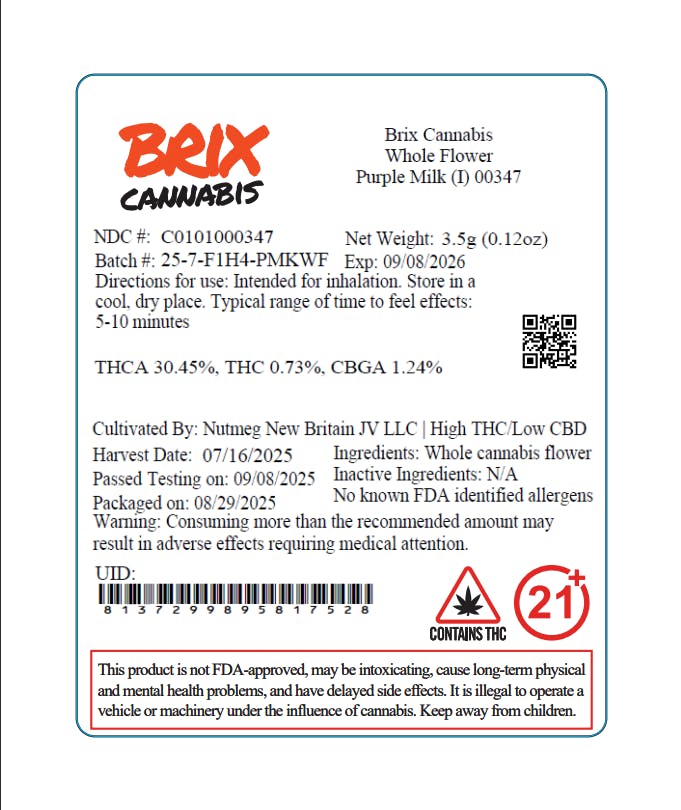 Brix Cannabis Whole Flower Purple Milk (I) 00347 | INSA Inc. New