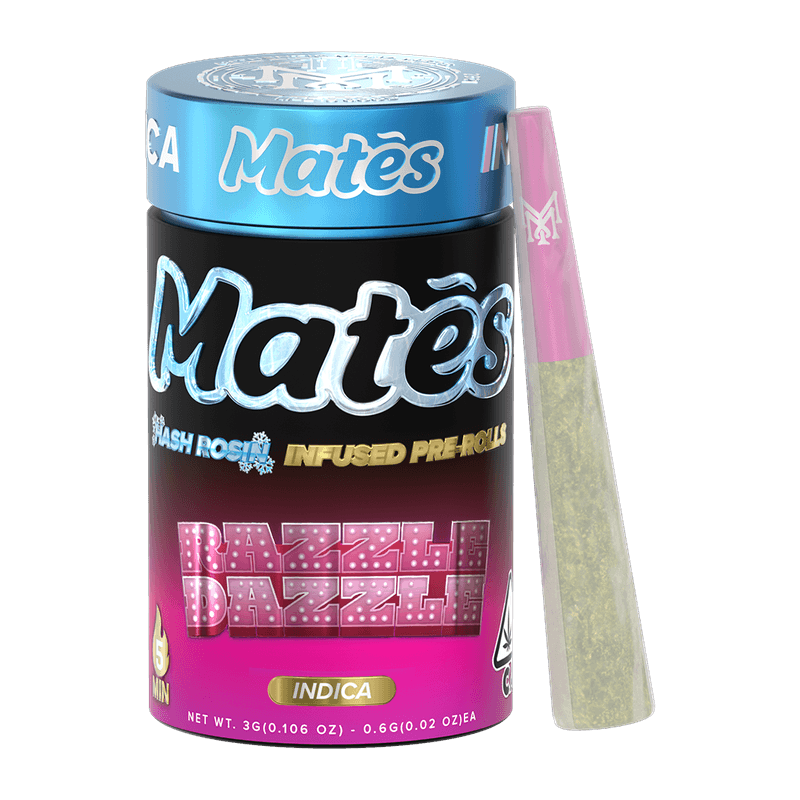 Product: Muha Mates | Razzle Dazzle | Hash Rosin Infused Pre-roll Pack x 5 (3g) | Indica