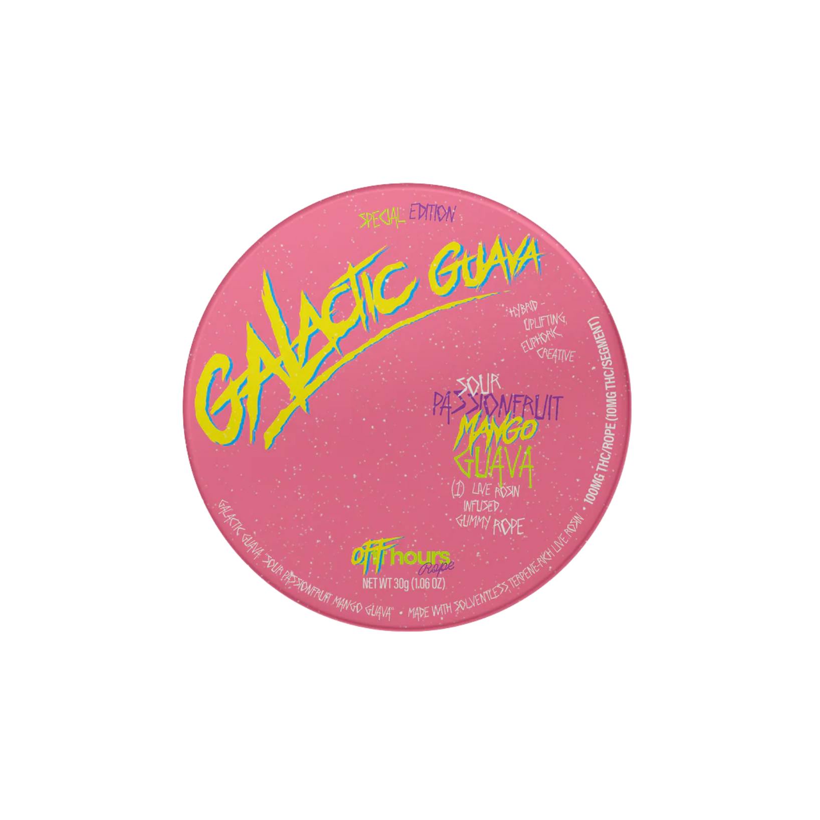 Off Hours - Galactic Guava Passionfruit Mango Live Rosin Rope - 100mgOff HoursHybridTHC: 100 mgTERPS: 0.7%4th of July Weekend! Spend $250 get $45 Off+6
