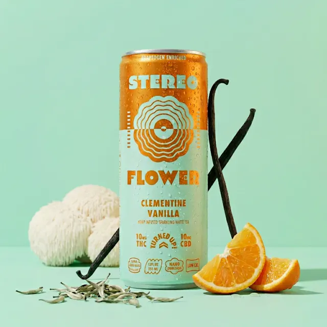 Stereo Flower Sparkling Tea Clementine Vanilla 1 CBD : 1 THC 12oz/10mg (hybrid, drinks)