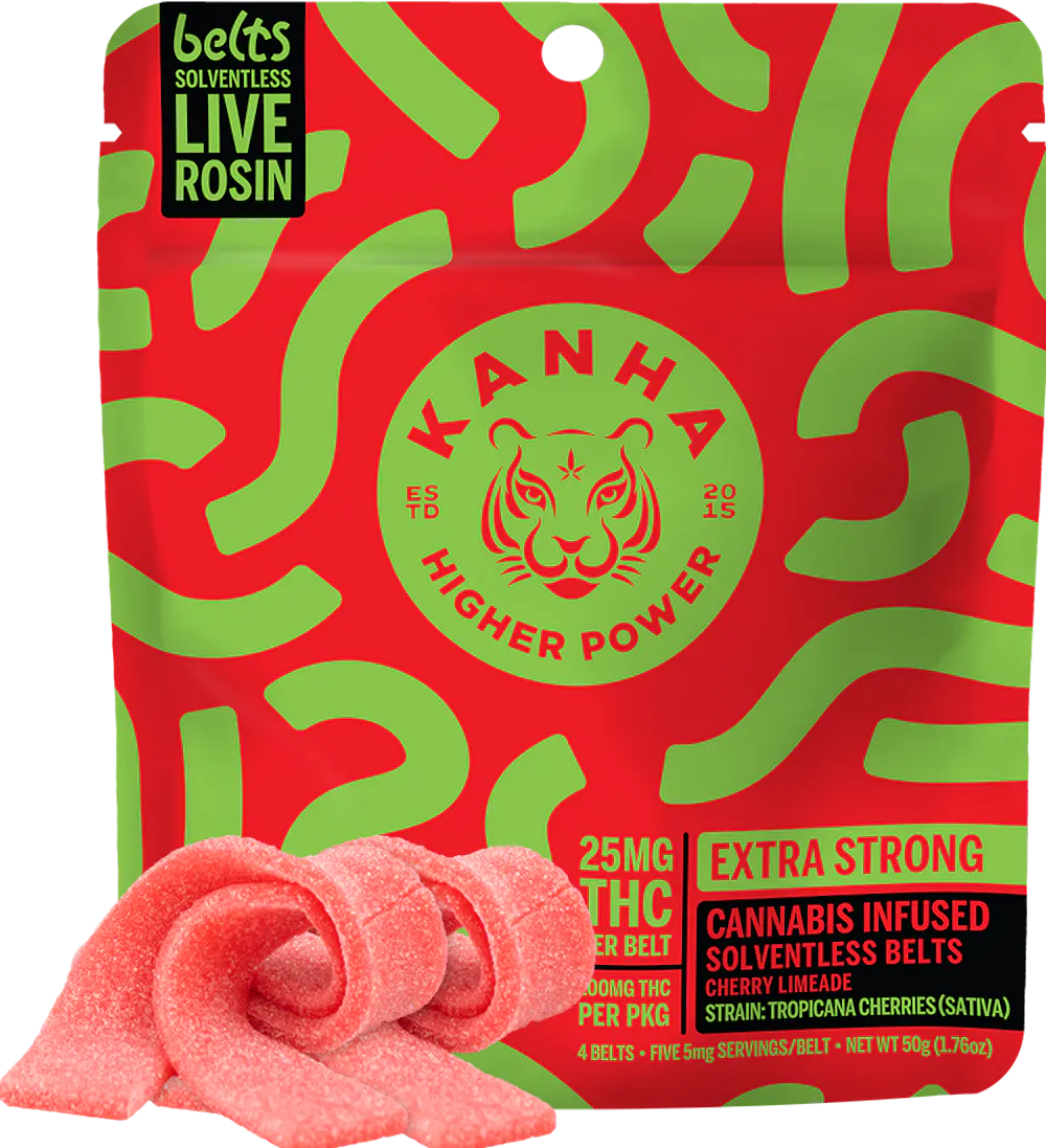 Product 100mg Sativa Cherry Limeade Solventless Rosin Sour Belts (4 pieces/20 servings)