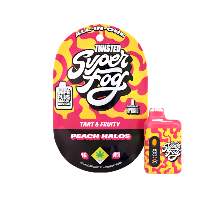 TYPE: Hybrid
TASTING NOTES: Tart, Fruity

Peach Halos delivers a flavor that makes you smile before you even finish. Juicy sweetness and a teasing tang hit the perfect balance of peachy goodness, a subtle reminder that flavor can be fun without overcomplicating things.
 
TWISTED is a flavorful, high-strength concentrate that uses melted THCa diamonds for potency and all-natural terpenes for unique flavor profiles that are exciting and familiar. 

Introducing the upgraded Mfused Jefé Plus device! 
LED screen display
Dosing Timer – Time your hits to monitor vapor intake
Battery Life – Monitor battery level so you’re never caught off guard
Temperature Display – Easily see which temperature your device is set to
Cold Start Timer – Countdown timer to indicate when device is ready for usage
Spark Button allows for a fully customized cannabis experience
Two Taps – Cold Start: Preheat oil and prevent potential clogging issues
Three Taps – Change Temperature: Three different temperatures
Five Taps – On/Off: Control battery life by turning off device when not in use
Discreet size and ergonomic shape for convenience
Custom-designed atomizer tuned for each oil type and product line
Fast charging via USB-C with multi-day battery endurance
Zero harmful additives 
Independently tested to ensure product safety
Designed, tested and developed in the U.S. with our aerosol testing laboratory
Built-in seven-second safety timer prevents the atomizer from overheating