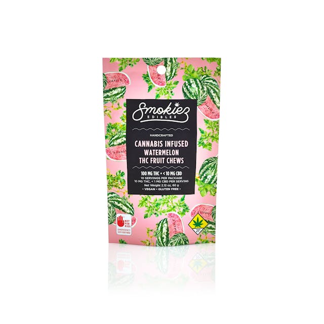 Smokiez Watermelon Hybrid Fruit Chews are NOT YOUR AVERAGE FRUIT CHEWS™ ;)
These fruit chews taste like a ripe and juicy watermelon, with a pleasant balance of sweetness and fruity notes.
These delicious fruit chews are a tasty and discreet way for you to medicate!
They are also Vegan, Gluten Free, Dairy-Free, and contain NO High Fructose Corn Syrup.
Each of our mouth watering fruit chews contain 10 mg of THC, and made with our high clarity cannabis distillate for great taste. 
There are 10 pieces per package with 100 mg active THC per package.