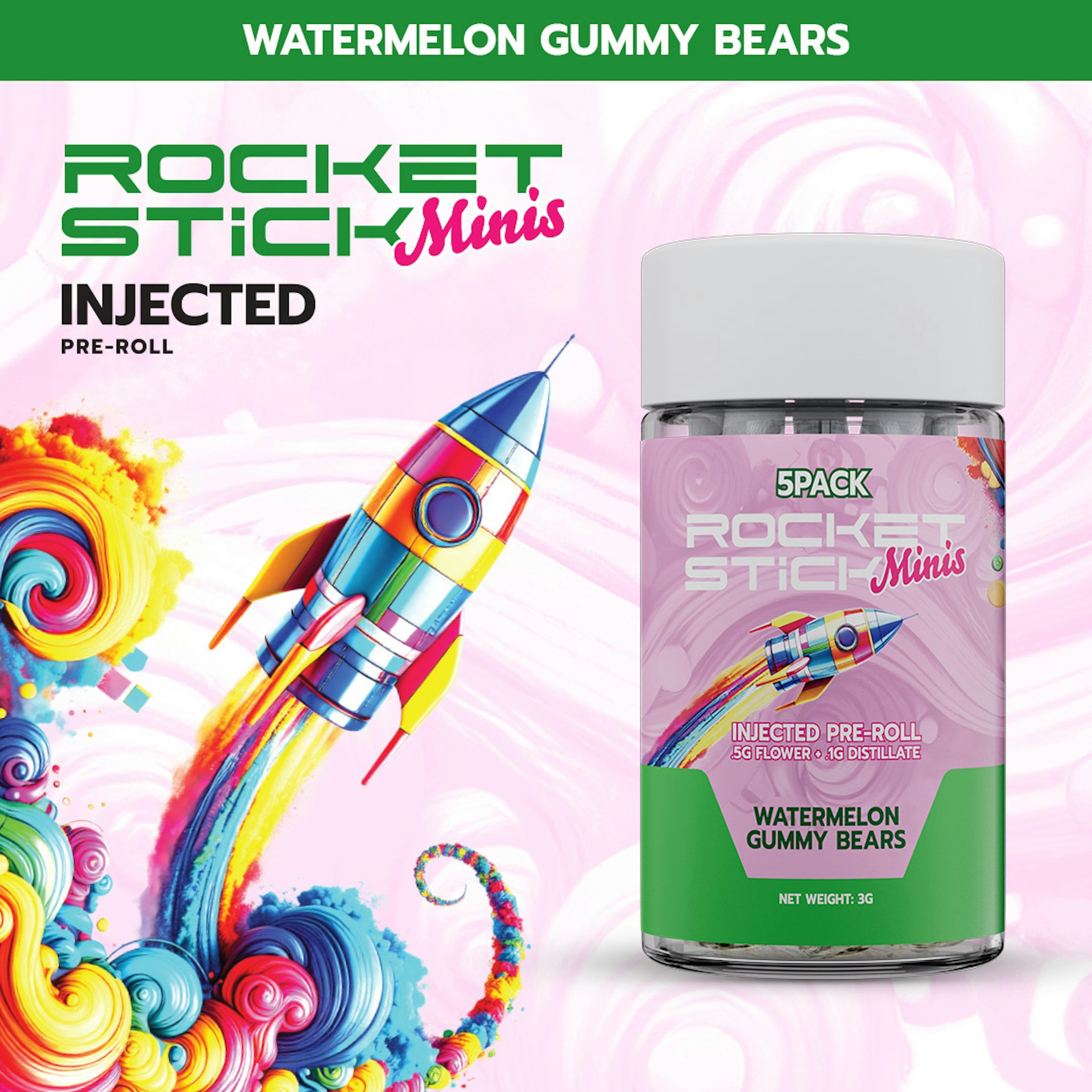 Rocket Stick Minis - Watermelon Gummy Bears 5pk Injected Pre-Rolls