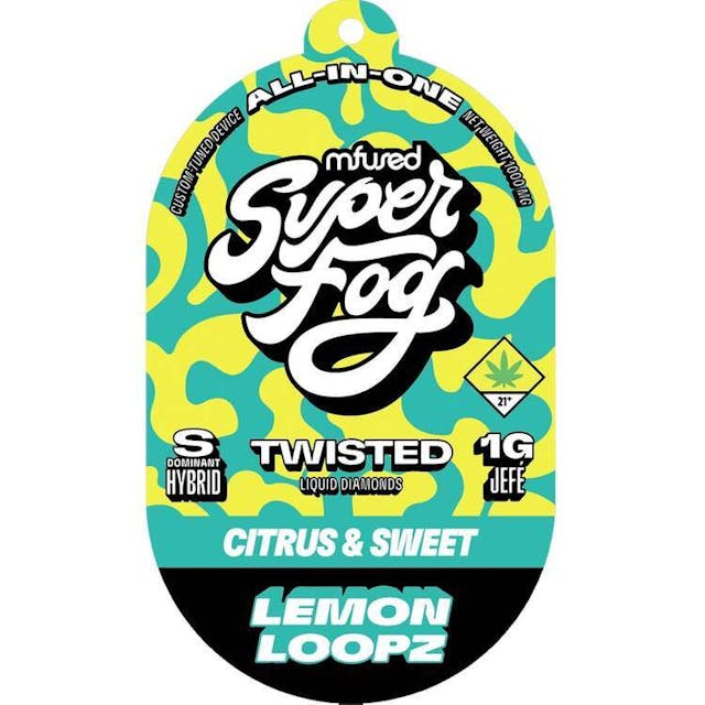 TYPE: Sativa Dom. Hybrid TASTING NOTES: Citrus & Sweet -- Lemon Loopz is a vape with a bright, sweet lemon candy flavor. Pucker up for the delightful zesty zing of this sweet-tart citrus bliss, puff after puff. Loop in with Lemon Loopz! -- TWISTED is a flavorful, high-strength concentrate that uses melted THCa diamonds for potency and all-natural terpenes for unique flavor profiles that are exciting and familiar. -- Powered by the Mfused Jefé: + High potency effects from melted THCa diamonds + Mouth-watering flavors from all-natural terpenes + New ergonomic shape is comfortable, discreet and convenient + Custom-designed atomizer is tuned for the most authentic expression of our extracts + Designed, tested and developed in the U.S. with our aerosol testing laboratory + Spark Button allows for a fully customized cannabis experience + Button controls device ON/OFF, cold-start and variable temperature settings + Fast charging via USB-C with multi-day battery endurance + Zero harmful additives + Independently tested to ensure product safety