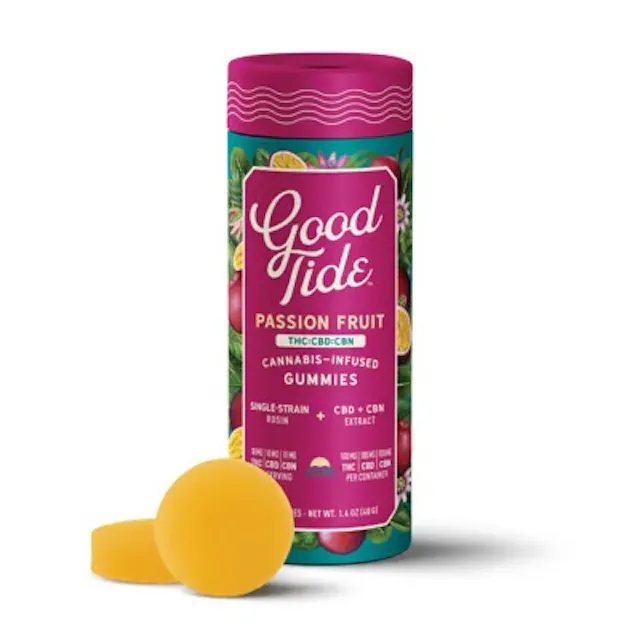 Good Tide Gummies Passion Fruit 1 THC : 1 CBD : 1 CBN 10pk/100mg (indica, live rosin gummies, 2.8g)
