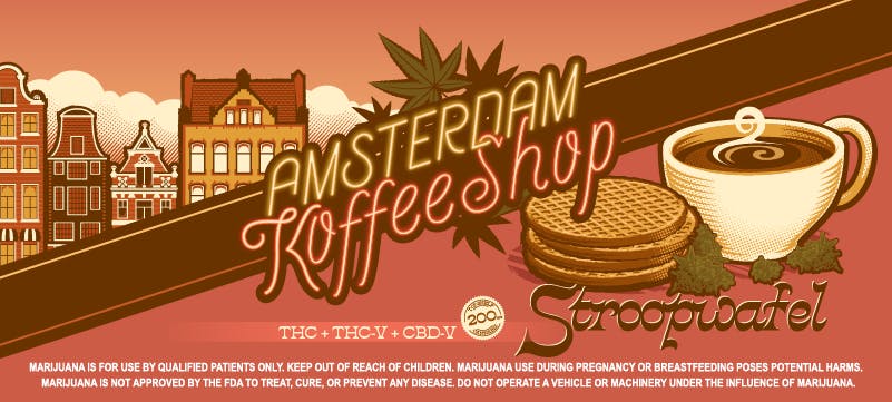 Promotional banner for TSA's Amsterdam Koffeeshop Stroopwafel cannabis product with THC, THC-V, and CBD-V - Powered by BOLD Cannabis. Coffee cup and Dutch stroopwafel cookies illustration on coral pink background. Text reads "TSA international flight AR 710 departing for Amsterdam." Keep it Craft at The Source Apothecary in Rogers, Arkansas.