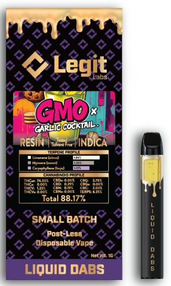 Product: GMO x Garlic Cocktail | Post-Less Disposable | Cured Resin | Legit Labs