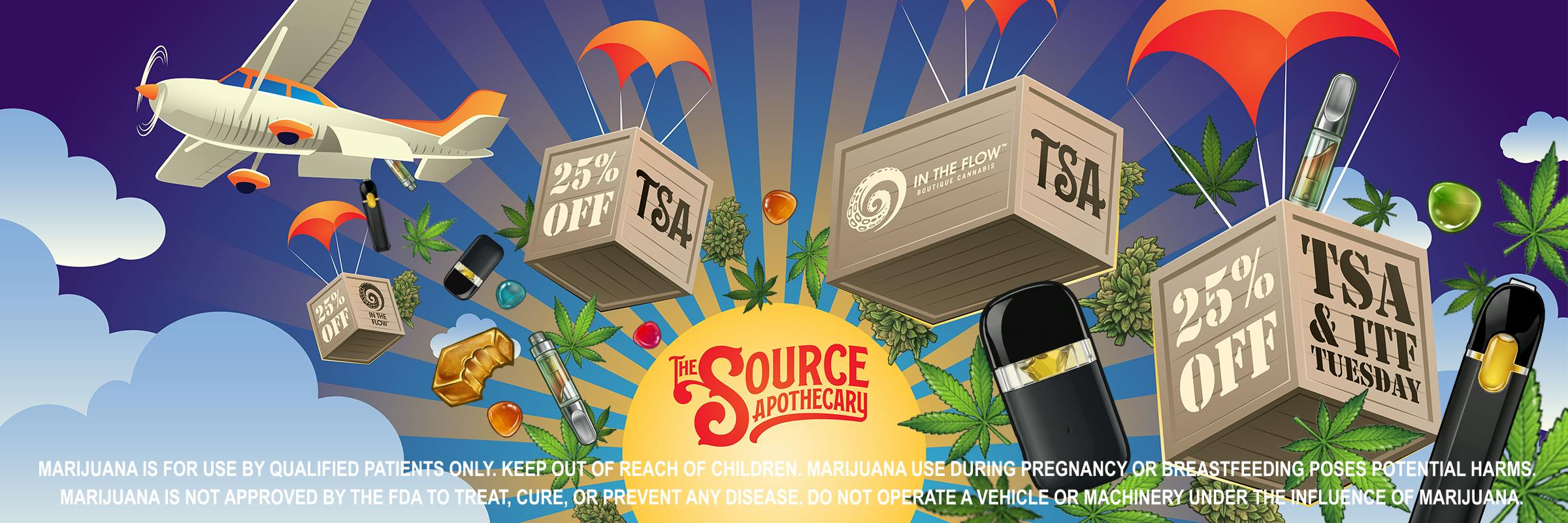 TSA Tuesday promotional banner for 25% off TSA products and In The Flow at The Source Dispensary & Apothecary in Rogers, Arkansas, featuring an airplane dropping parachuted wooden crates labeled TSA across a sunny blue sky.