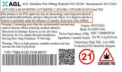 AGL Distillate Pen 300mg Hybridol NO 20744 0.3g Affinity