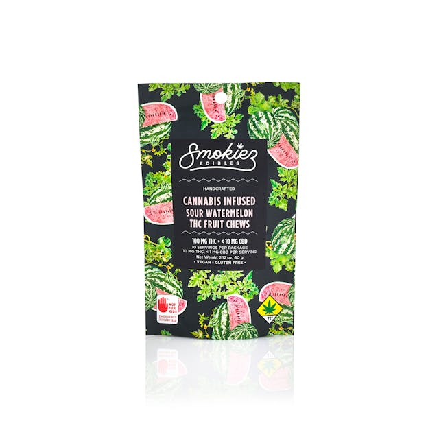 Smokiez Sour Watermelon Hybrid Fruit Chews are NOT YOUR AVERAGE FRUIT CHEWS™ ;) These fruit chews taste like a tart and juicy watermelon, with a pleasant balance of fruity and citrusy notes. These delicious fruit chews are a tasty and discreet way for you to medicate! They are also Vegan, Gluten Free, Dairy-Free, and contain NO High Fructose Corn Syrup. Each of our mouth watering fruit chews contain 10 mg of THC, and made with our high clarity cannabis distillate for great taste. There are 10 pieces per package with 100 mg active THC per package.
