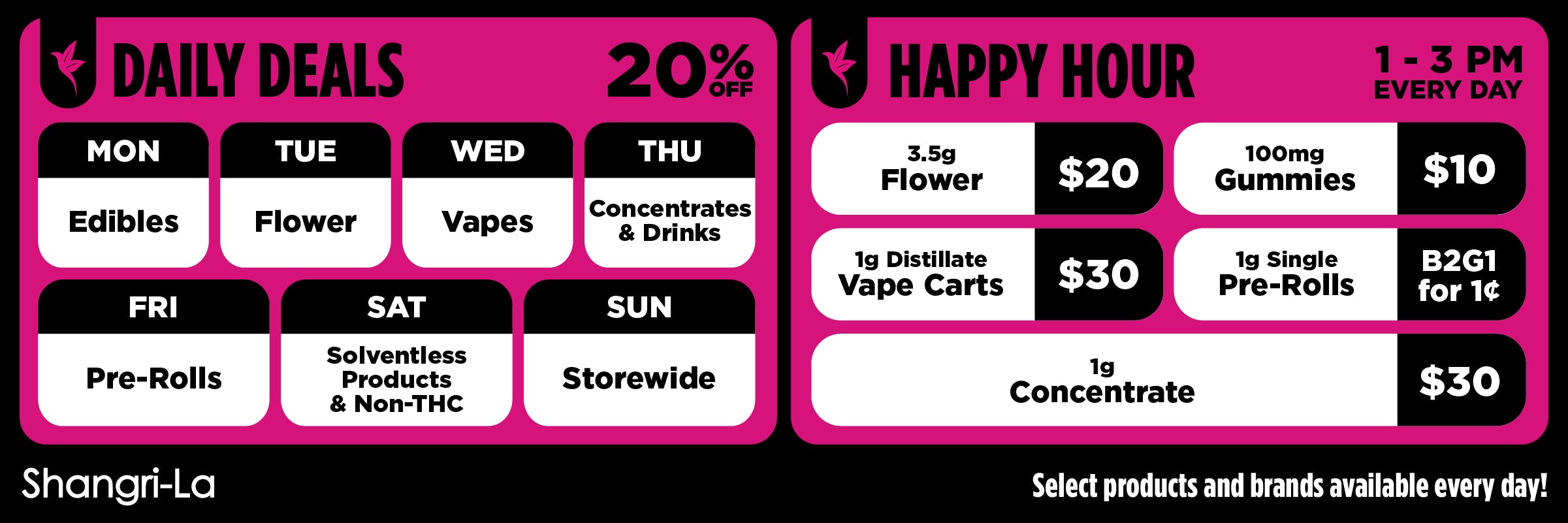 Shangri-La promotional banner outlining daily deals and happy hour specials, featuring 20% off rotating categories including Monday edibles, Tuesday flower, Wednesday vapes, Thursday concentrates and drinks, Friday pre-rolls, Saturday solventless and non-THC products, and Sunday storewide discounts, alongside daily happy hour from 1–3 PM with 3.5g flower for $20, 100mg gummies for $10, 1g distillate vape carts for $30, 1g concentrate for $30, and buy two get one pre-rolls for $0.01.