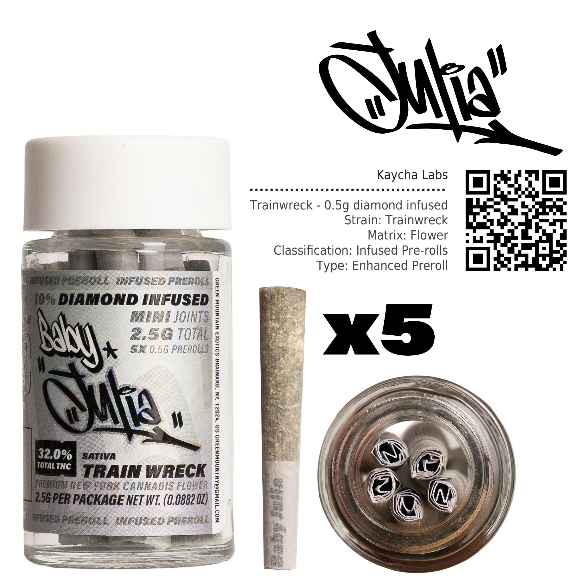 Julia | Baby Julia | Infused Prerolls | Diamond Infused | Trainwreck | 0.5g | 5 Pack | 2.5g | Sativa | THC 32% Julia