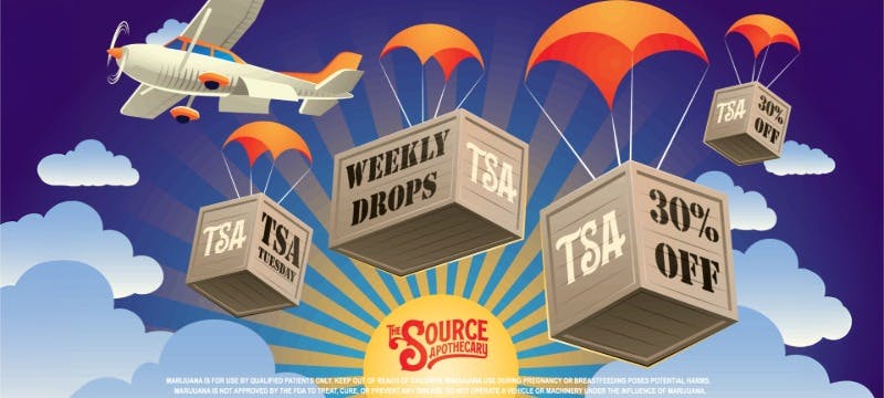 TSA Tuesday weekly drops promotional banner for 30% off select TSA products at The Source Dispensary & Apothecary in Rogers, Arkansas, featuring an airplane dropping parachuted wooden crates labeled TSA across a sunny blue sky.