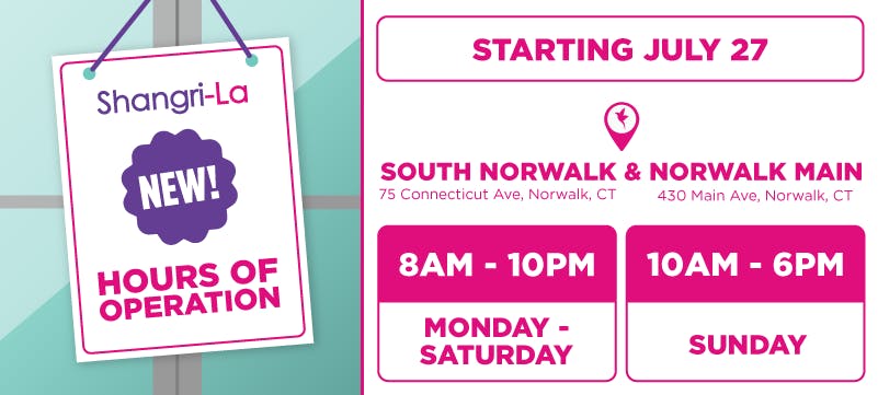 Promotional banner announcing new operating hours for Shangri-La's South Norwalk and Norwalk Main dispensaries beginning July 27. Monday through Saturday hours are 8 AM to 10 PM, and Sunday hours are 10 AM to 6 PM.